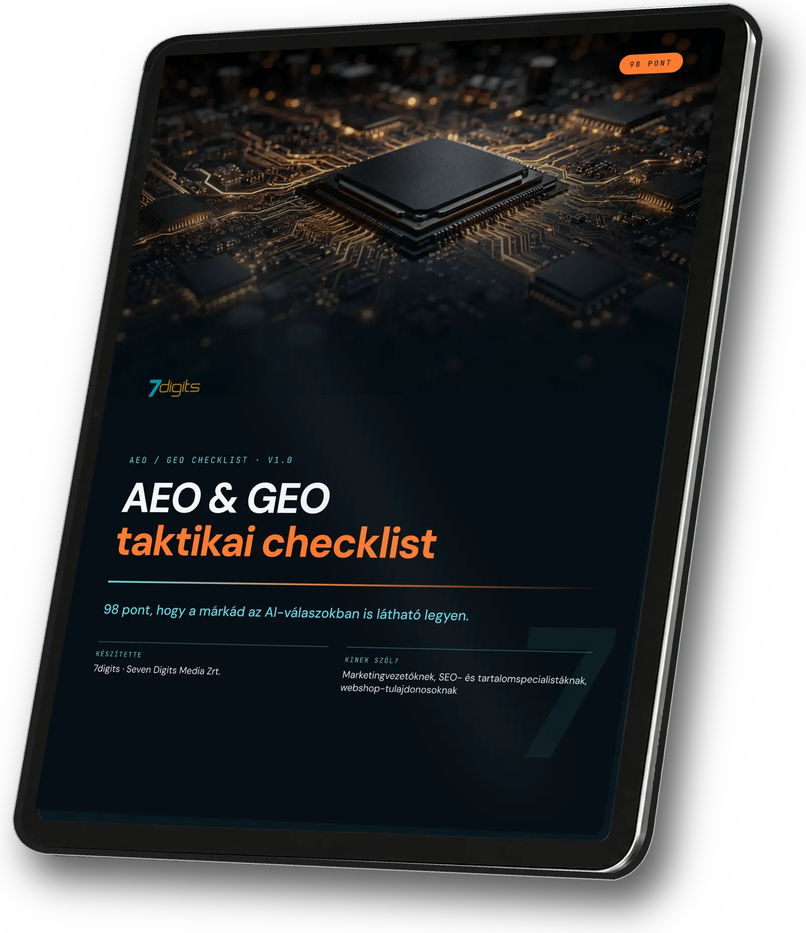 Az AEO & GEO taktikai checklist borítója egy tableten