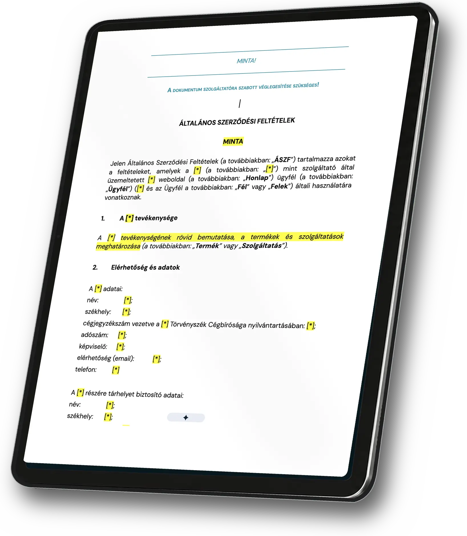 A Webshop ÁSZF minta egy tableten