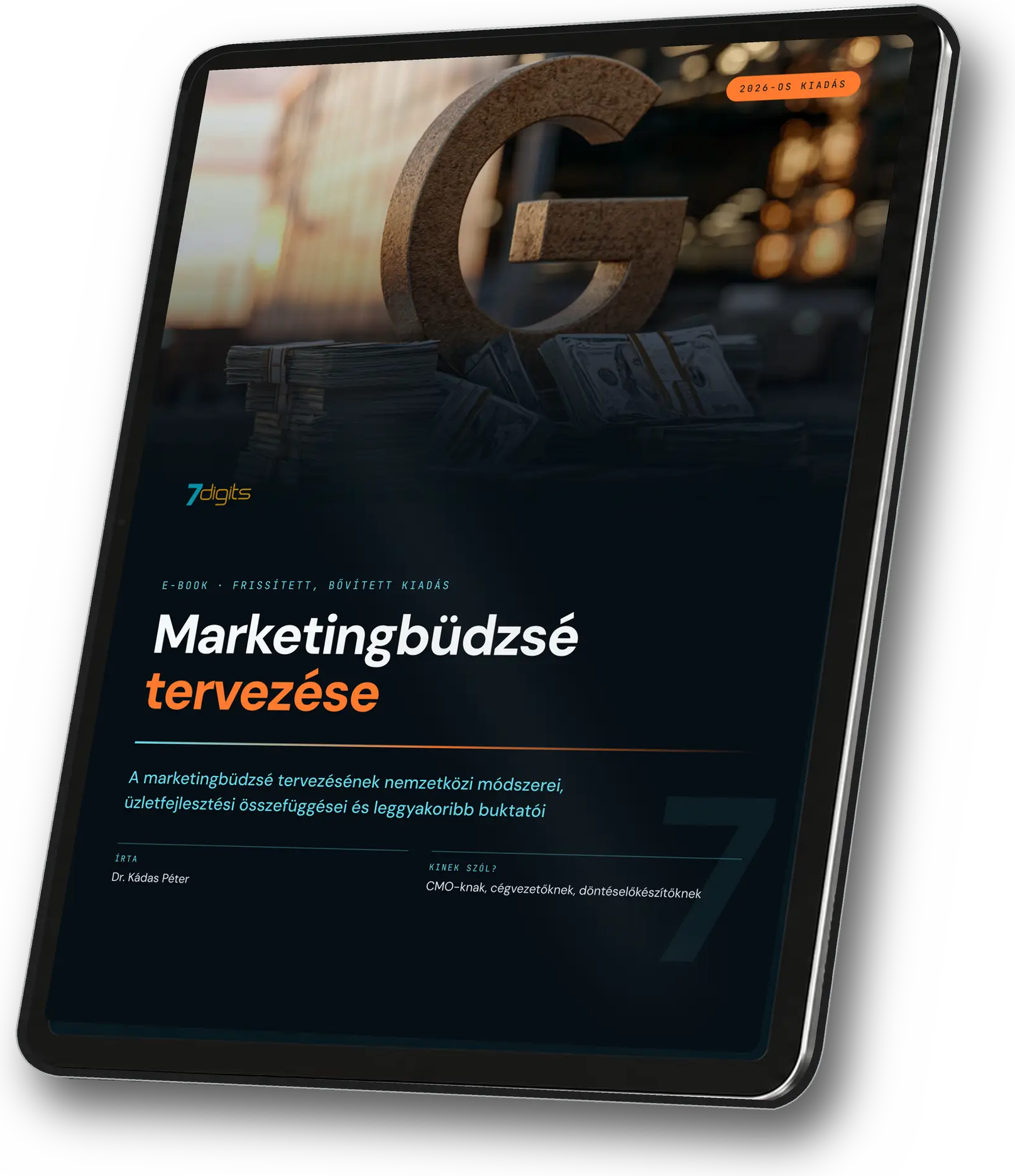 A Marketingbüdzsé tervezése e-book borítója egy tableten