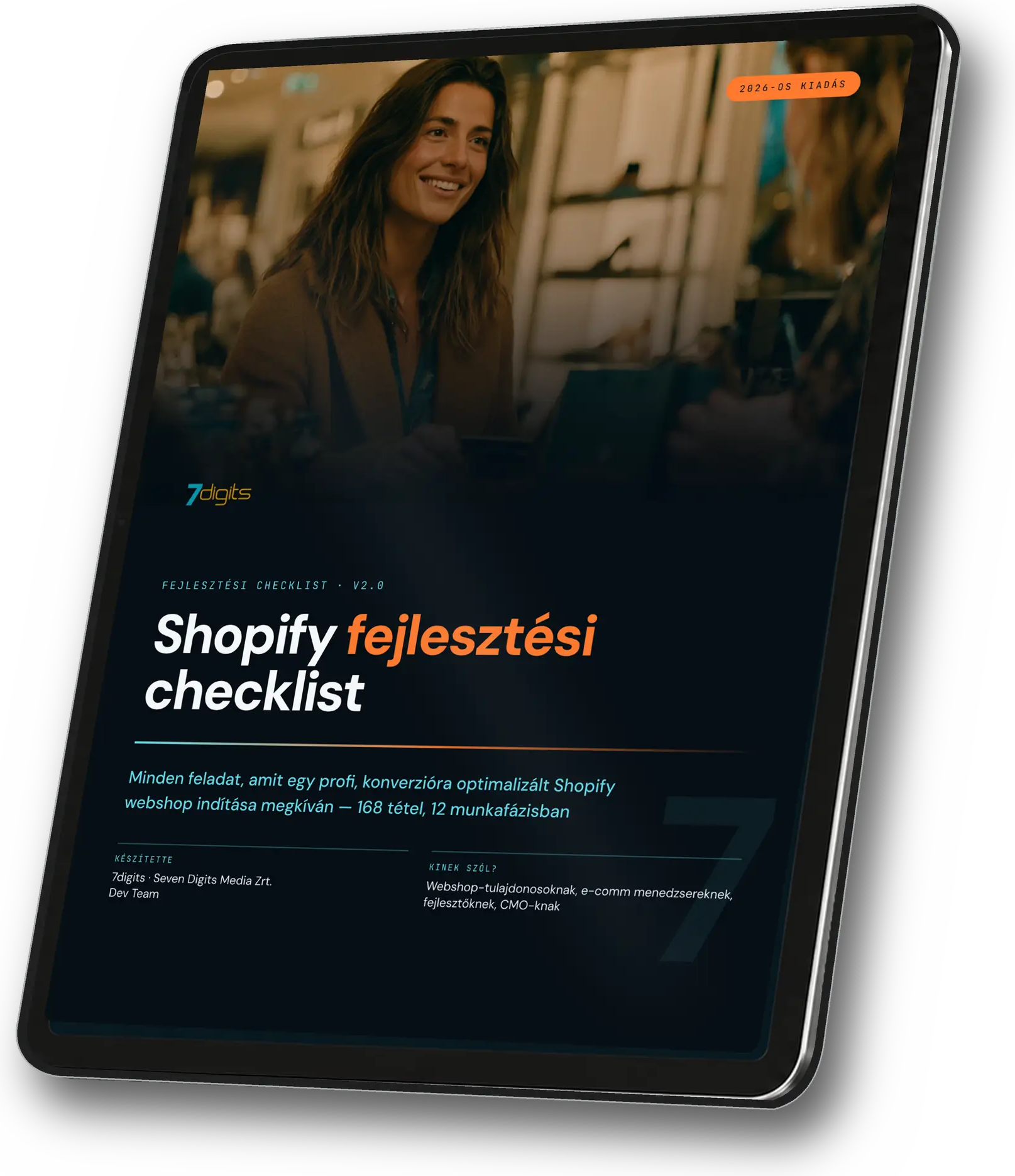 A Shopify fejlesztési checklist borítója egy tableten