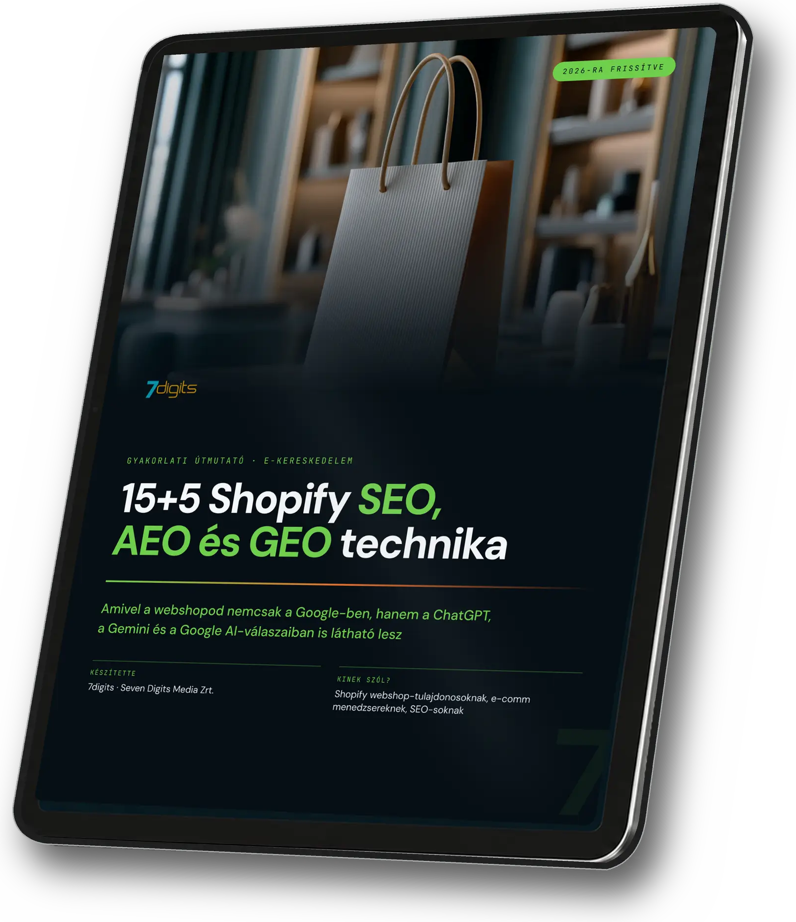 A 15+5 Shopify SEO, AEO és GEO technika e-book borítója egy tableten