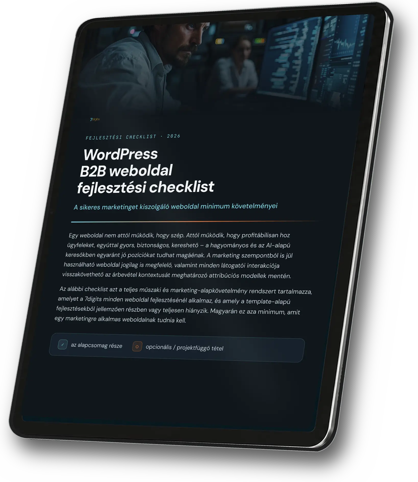 A WordPress B2B fejlesztési checklist borítója egy tableten
