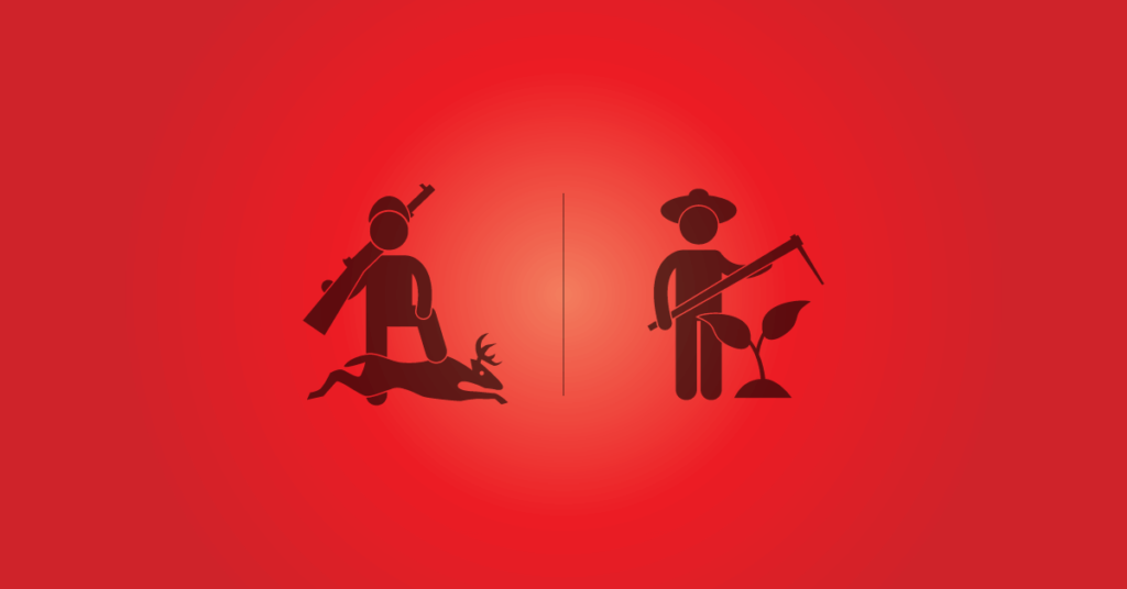 értékesítési technikák egy stilizált farmer és egy vadász ikonjával