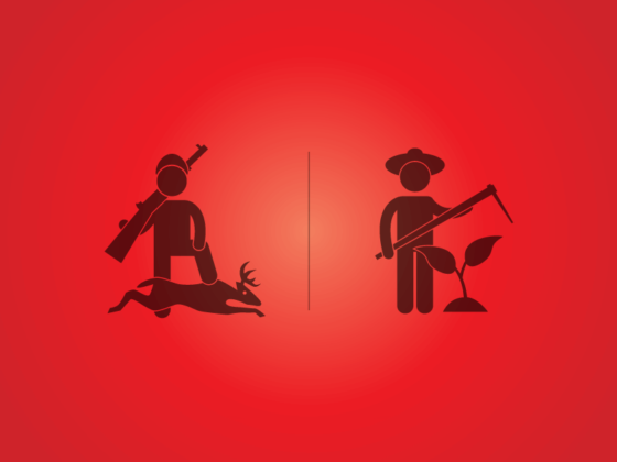 értékesítési technikák egy stilizált farmer és egy vadász ikonjával