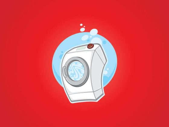 mosógép marketing - online marketing hibák egy piros háttér előtt álló képregényes mosógéppel