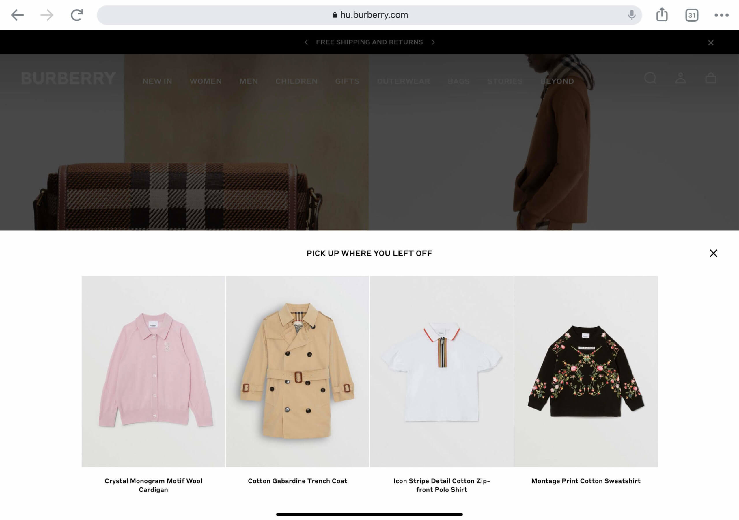 webshop e-commerce trükk a Burebrry oldalán