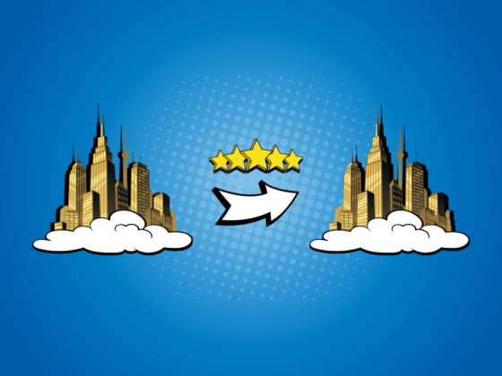 haladó B2B marketing jelképe: két vállalat a felhőkben közöttük nyíl