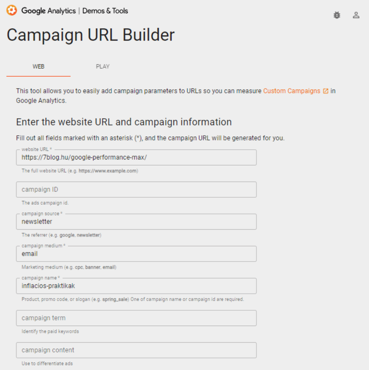Péda az UTM paraméter létrehozására Campaign URL Builder program használatával