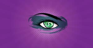 Shopify sablonok fontosságát jelképezni hivatott zöld szem egy lila háttéren