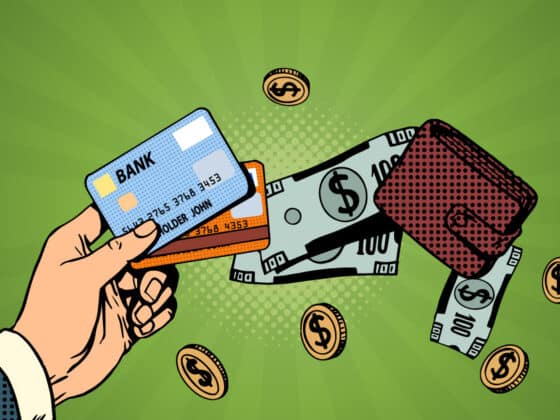 Bankkártya egy képregényes kézben, mellette pénztárca és dollárok az Shopify fizetési lehetőségek jelképeként