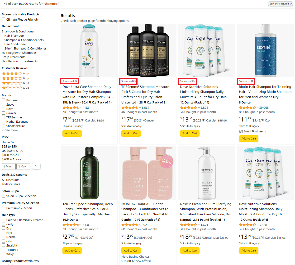 Screenshot az Amazon keresőjében megjelenő szponzorált termékekről a shampoo szóra keresve, példa a retail média egy formájára