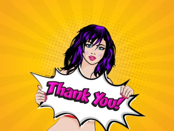 Köszönjük a vásárlást feliratot tartó fiatal lány lila hajjal, sárga háttér előtt popart stílusban