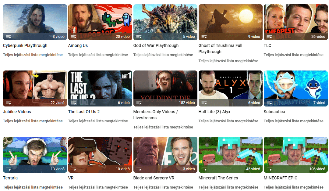 PewDiePie YouTuber lejátszási listáiról screenshot