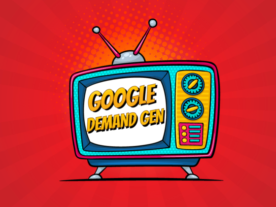 Google Demnad Gen felirat egy képregényes TV-n piros háttér előtt