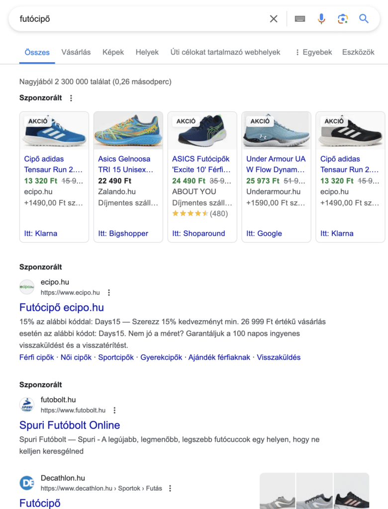 futocipo-talalati-lista Kompetitív kulcsszavakra, szinte kizárólag hirdetések jelennek meg a hajtás felett.
