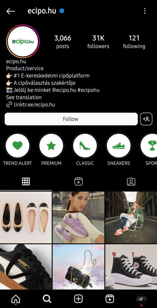 Ecipo_story_higlight_profilon Az ecipo.hu instagram accountjának screenshotja, rajta a szépen kiemelt story higlight gyűjteményekkel
