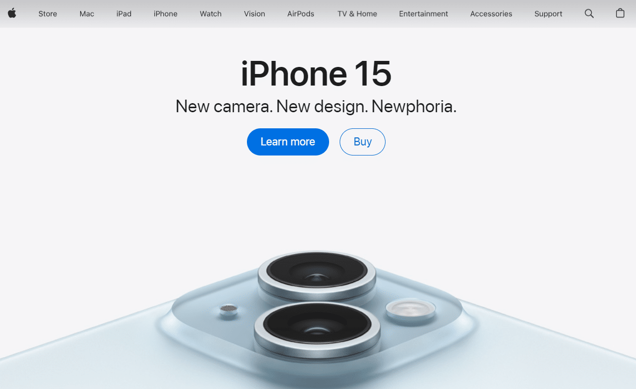apple_Website_copy_screenshot_EN Screenshot az apple.com angol főoldaláról, weboldal szövegírás szempontból az iPhone 15 promóciós képével és feliratával