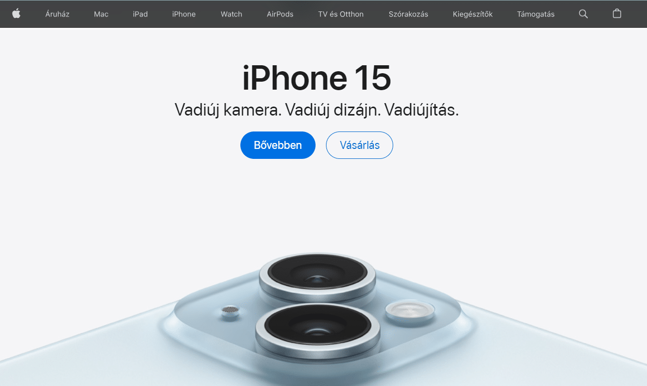 apple_Website_copy_screenshot_HU Screenshot az apple.com magyar főoldaláról, weboldal szövegírás szempontból az iPhone 15 promóciós képével és feliratával
