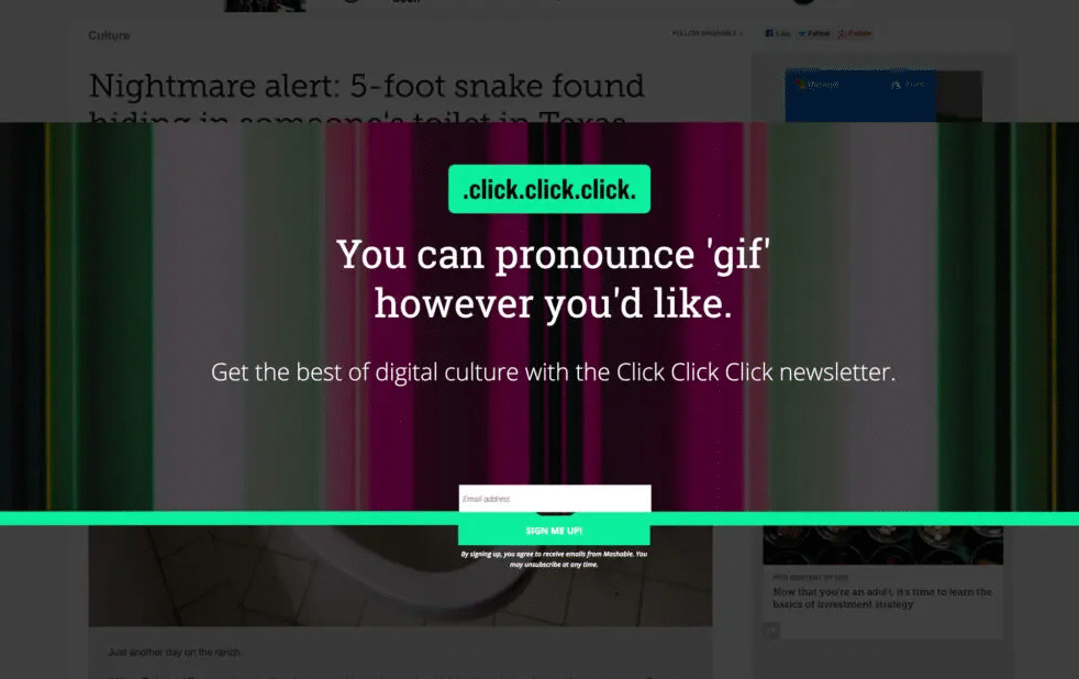 rossz_headline_copy_példa Screenshot a Click Click Click oldal felugró ablakáról, elrontott headline példa rossz weboldal szövegírásra