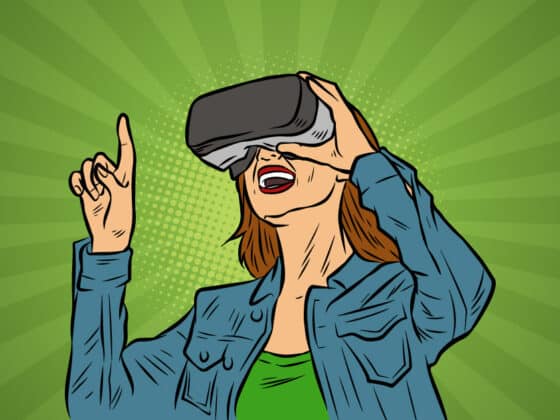 VR szemüvegben magyarázó nő comic stílusban zöld háttér előtt