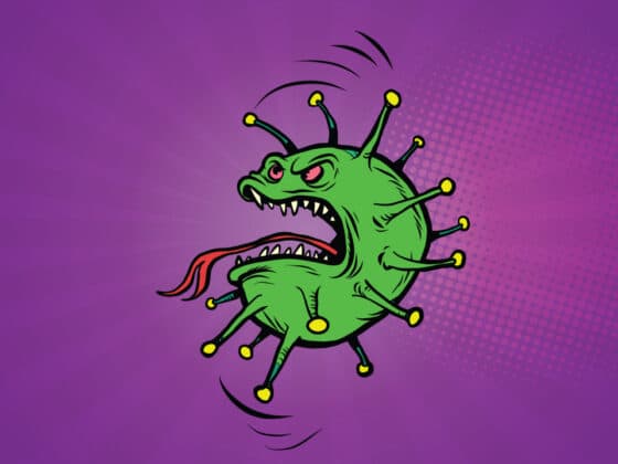 Egyedi fejlesztésű webshop veszélyességét szimbolizáló dühös, rákos sejt comic stílusban