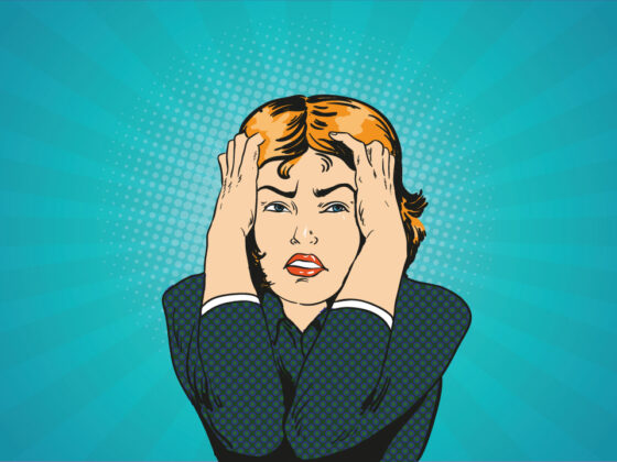 Ügynökség károsult döntéshozó szomorkodik a fejét fogva kék háttér előtt képregényes stílusban