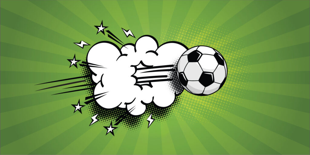 Sportmarketing focilabdával a lövés pillanatában comic stílusban zöld háttér előtt