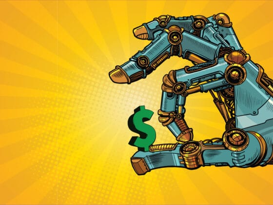 AI inflációt jelképező robotkéz, ami egy dollárjelet készül elpöckölni