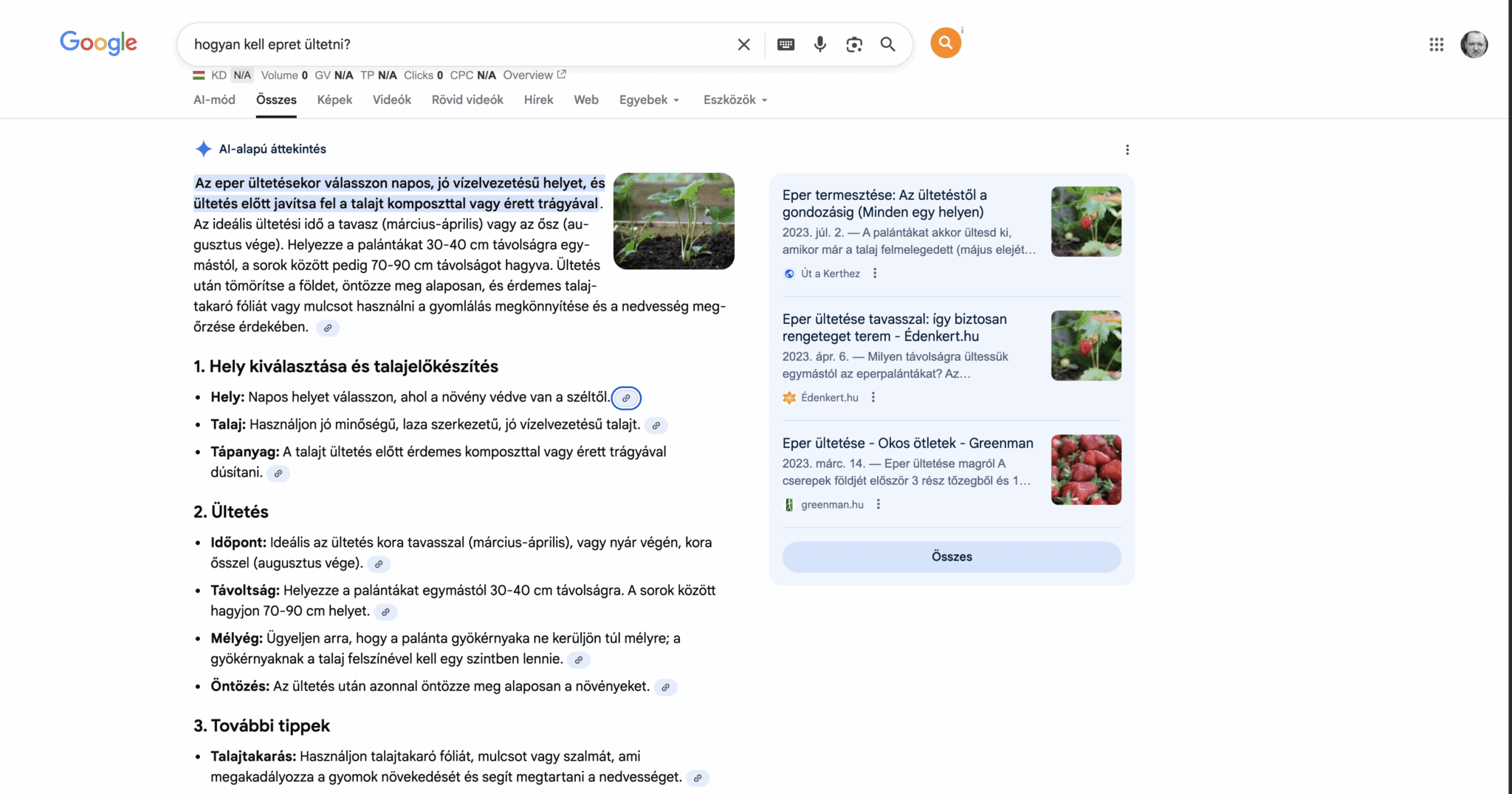 AI-alapú összefoglaló a Google keresőjében a hogyan kell epret ültetni keresésre